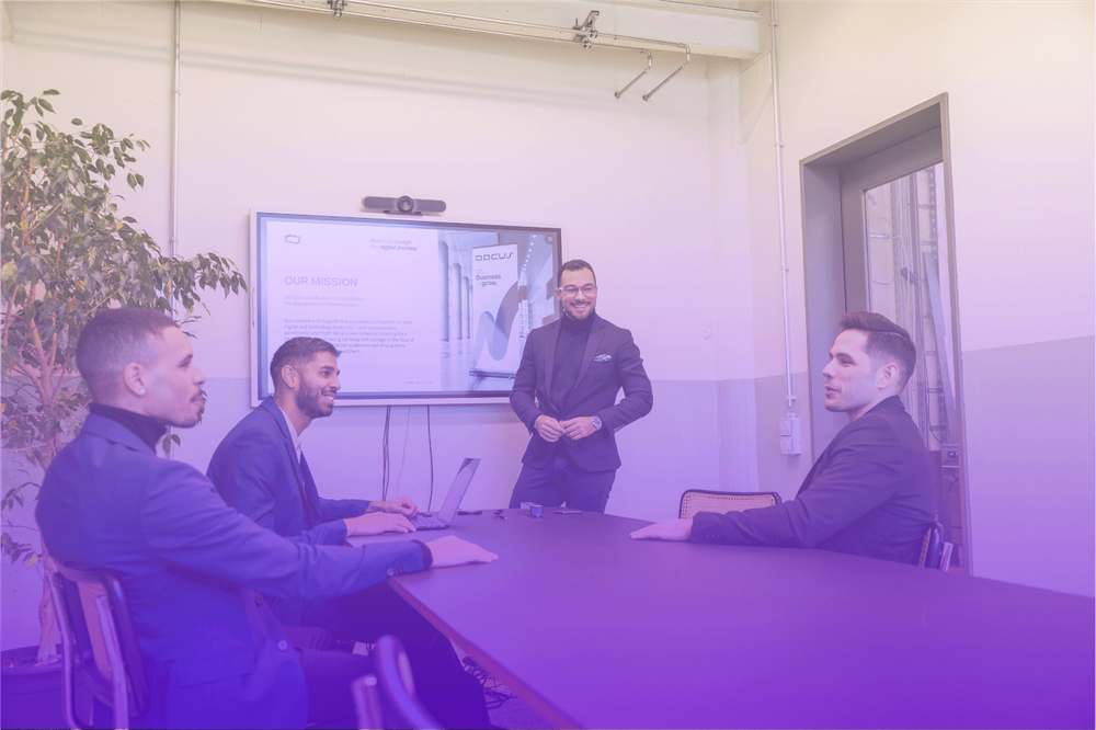 A meeting in a bright meeting room