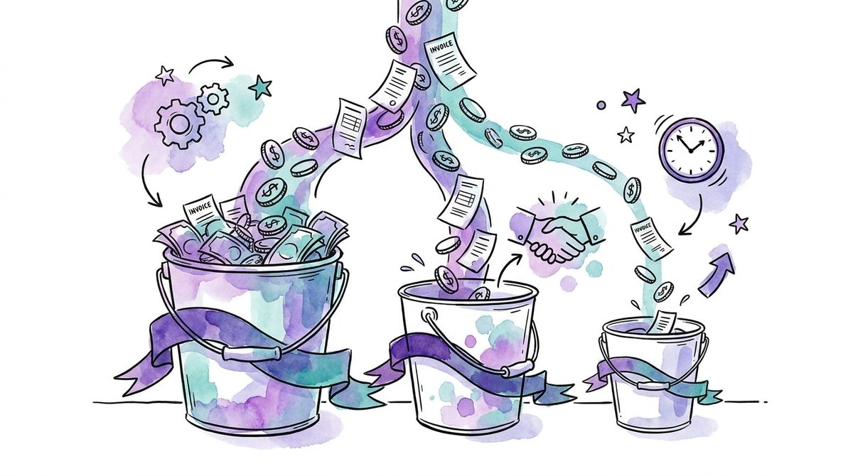 Three buckets of different sizes standing for the three pots of a security budget: operations, evidence and change, fed from one shared stream of money