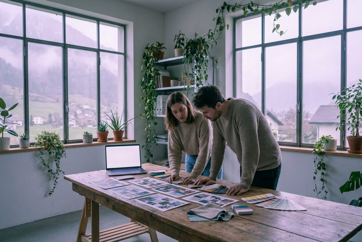 Zwei Designerinnen an einem Tisch mit Moodboards
