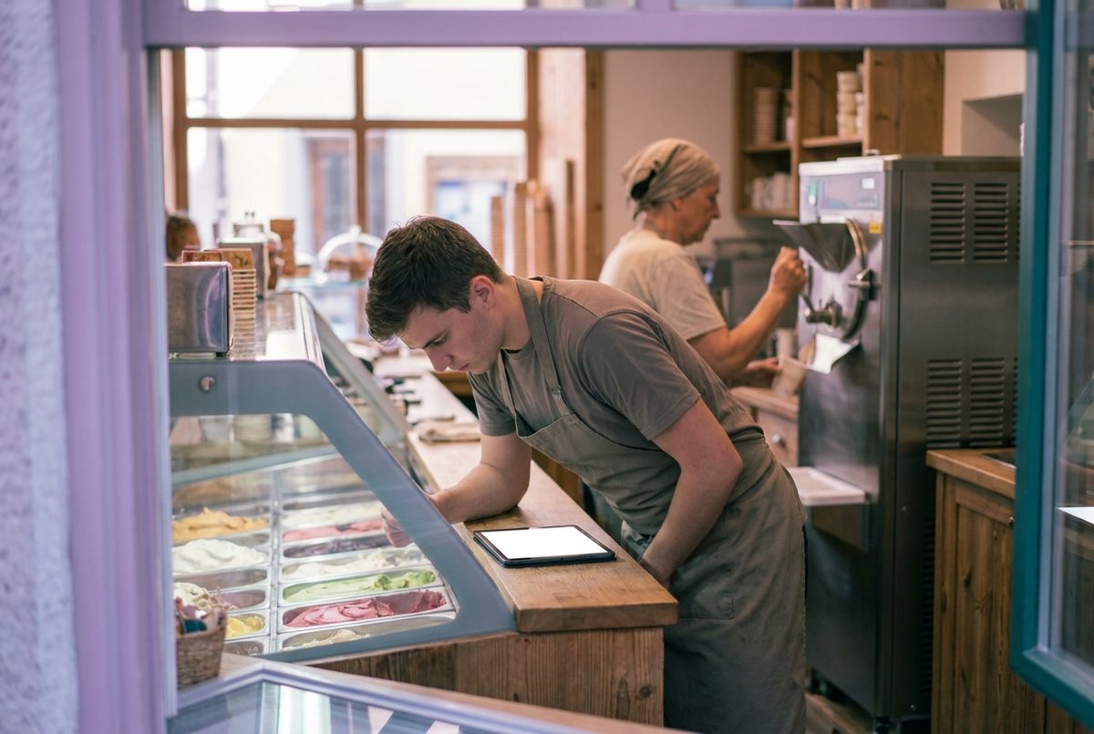 Gelateria mit Vitrine, Zählung am Tablet