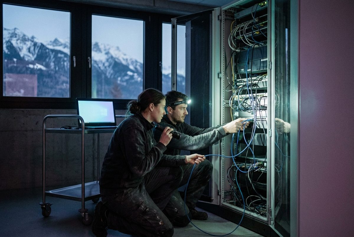 Wiederaufbau in einem Serverraum bei Nacht