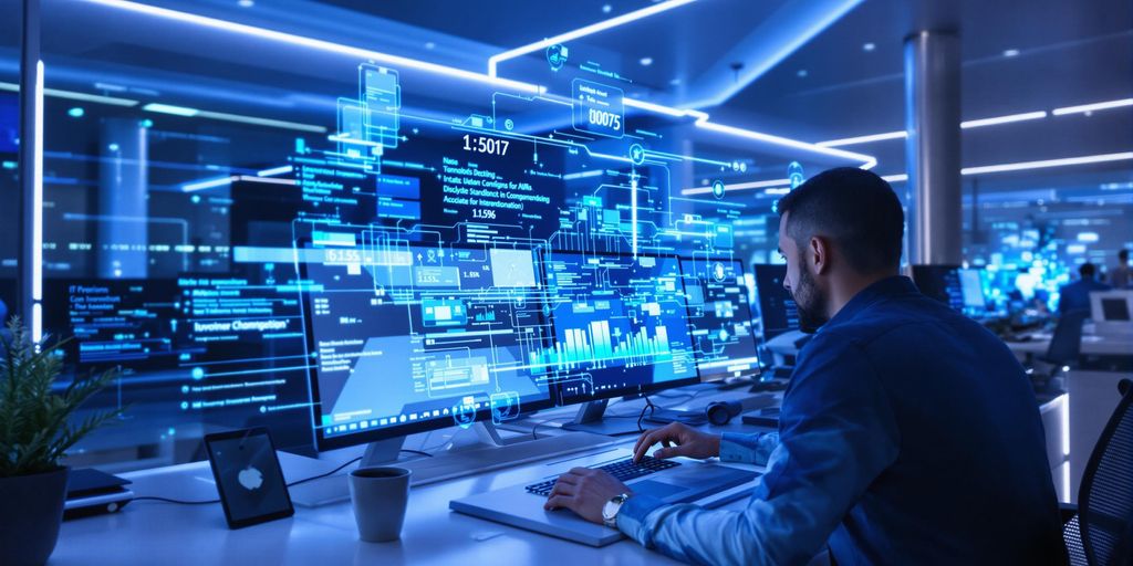 Moderne IT-Beratungsszene mit dynamischer blauer Beleuchtung, Computern und lebendiger Interaktion.